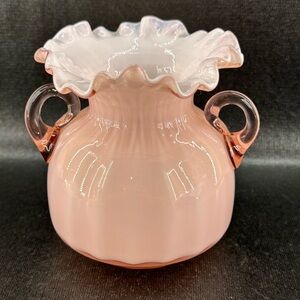 Vintage Fenton Pink Cased Glass Vase Crimped Edge Double Handle